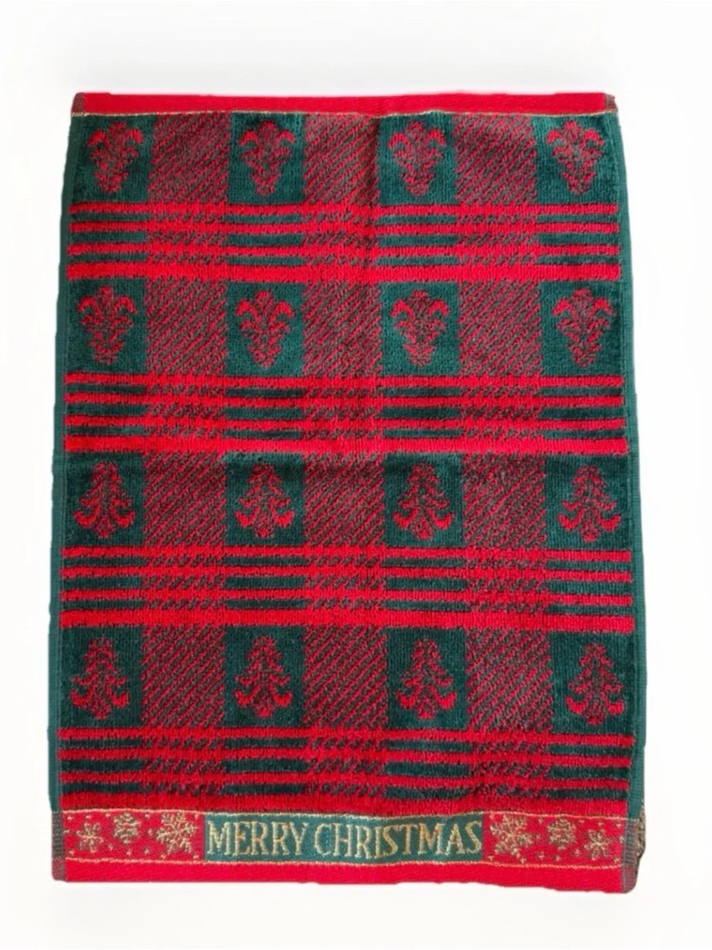 Vintage JCPenney Christmas Towel Set Red Green Plaid Tree Bath Hand Washcloth
